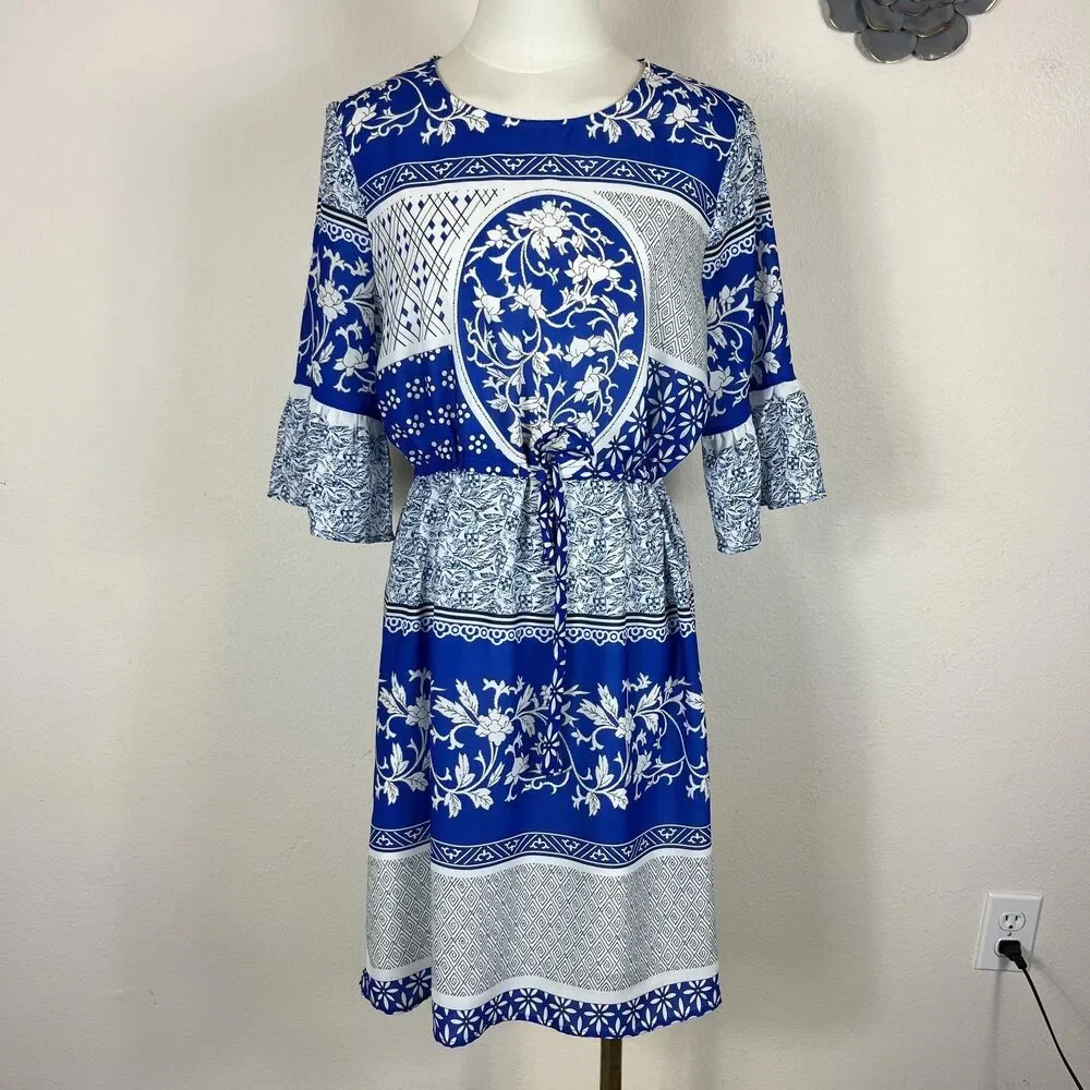 Multiflora Dress Womens XL Blue White Floral Boho Tie Waist Bell Sleeve Ruffle - Picture 1 of 11
